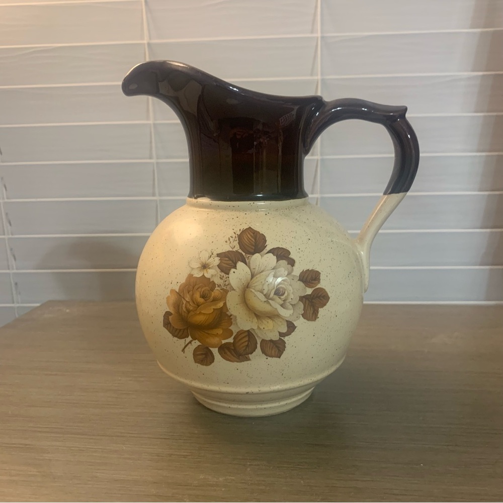 Vintage McCoy Brown & White Rose Speckled Water Beverage Pitcher Pottery